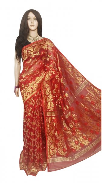 Red full body weaving work jamdani silk saree